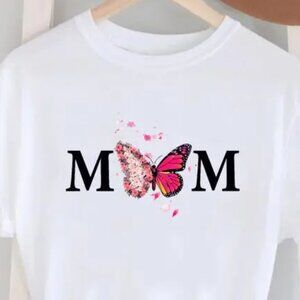 MOM Pink Butterfly Printed Round Neck Short-Sleeved T-Shirt Size L